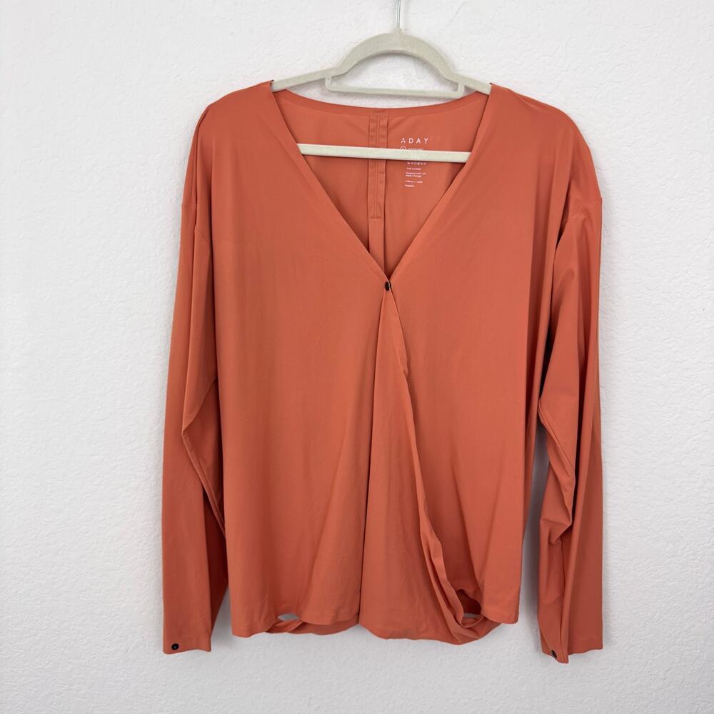 ADay Womens That's A Wrap Top Blouse Sz M Stretch Lightweight Deep V Neck Rust